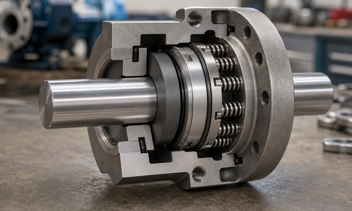 Cutaway of a single mechanical face seal around a polished pump shaft, showing the stationary carbon ring, rotating hard face, secondary seals, and evenly spaced springs