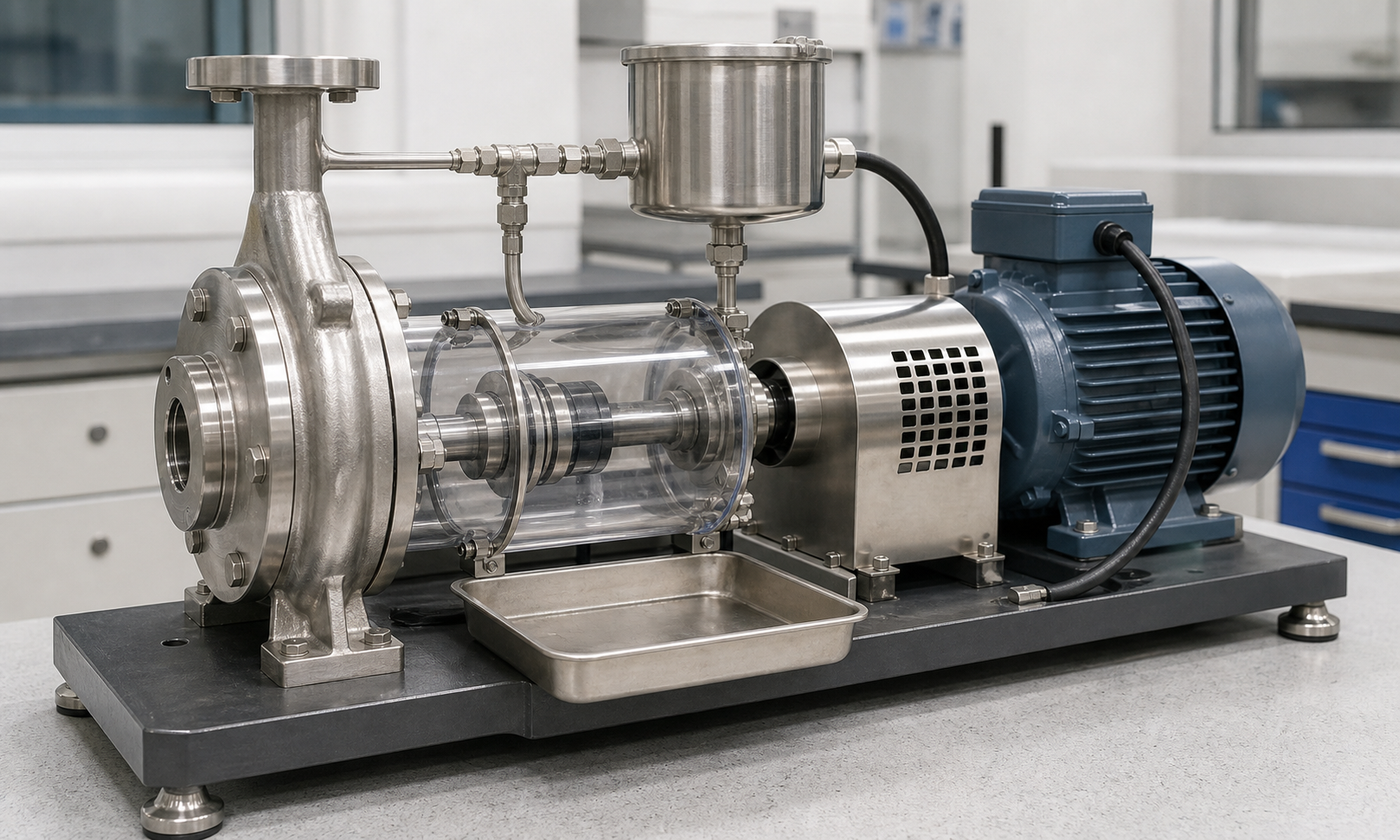 Laboratory centrifugal-pump test rig with a guarded mechanical seal chamber, horizontal shaft, flush reservoir, and dry collection tray