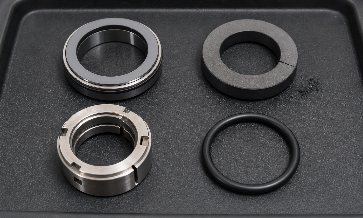 Inspection tray with a polished hard seal face, a carbon seal ring with one radial thermal crack, a stainless holder, and an intact O-ring