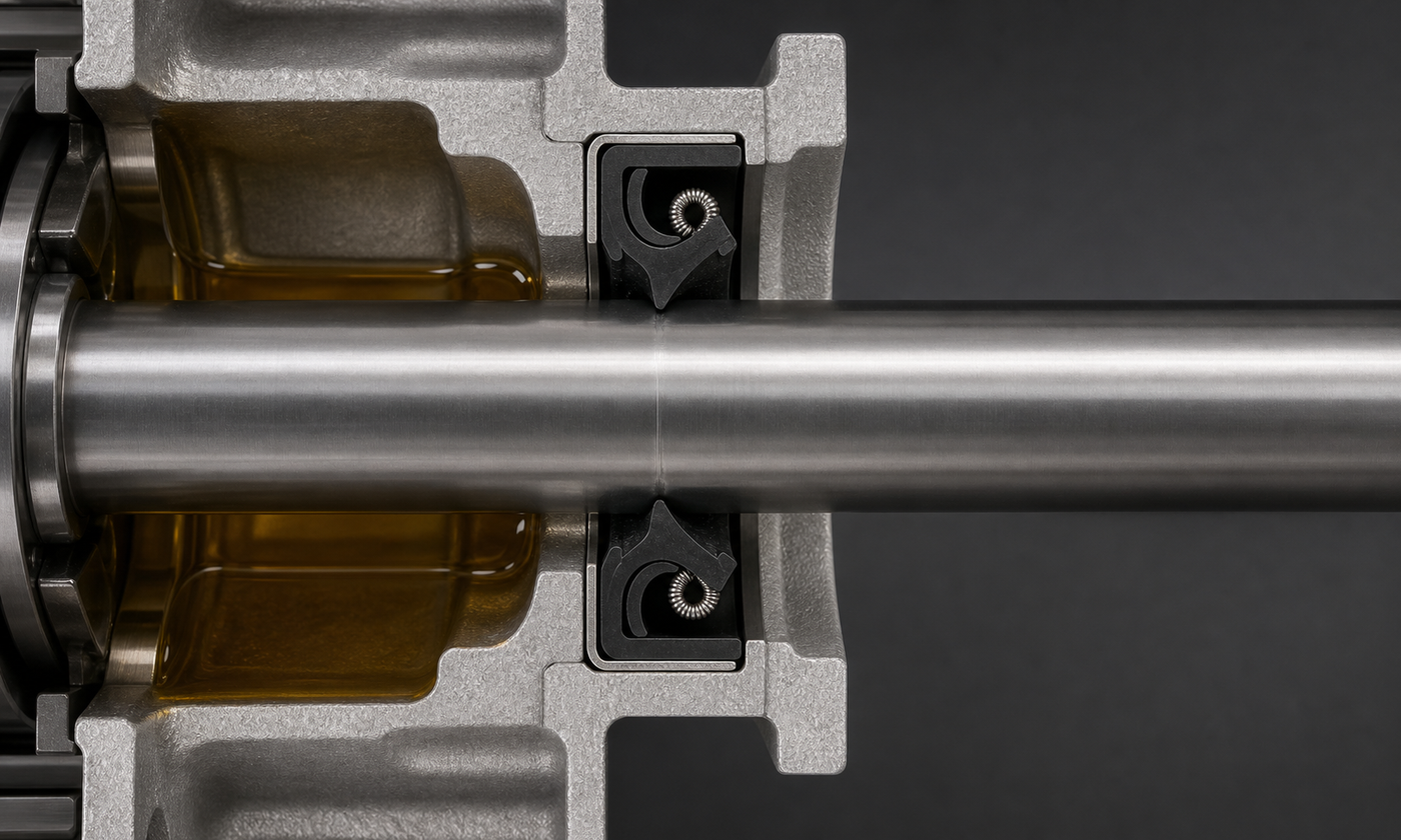 Realistic cutaway of a spring-loaded radial shaft lip seal pressed into a gearbox end cover around a polished steel shaft, with amber oil on the retained side