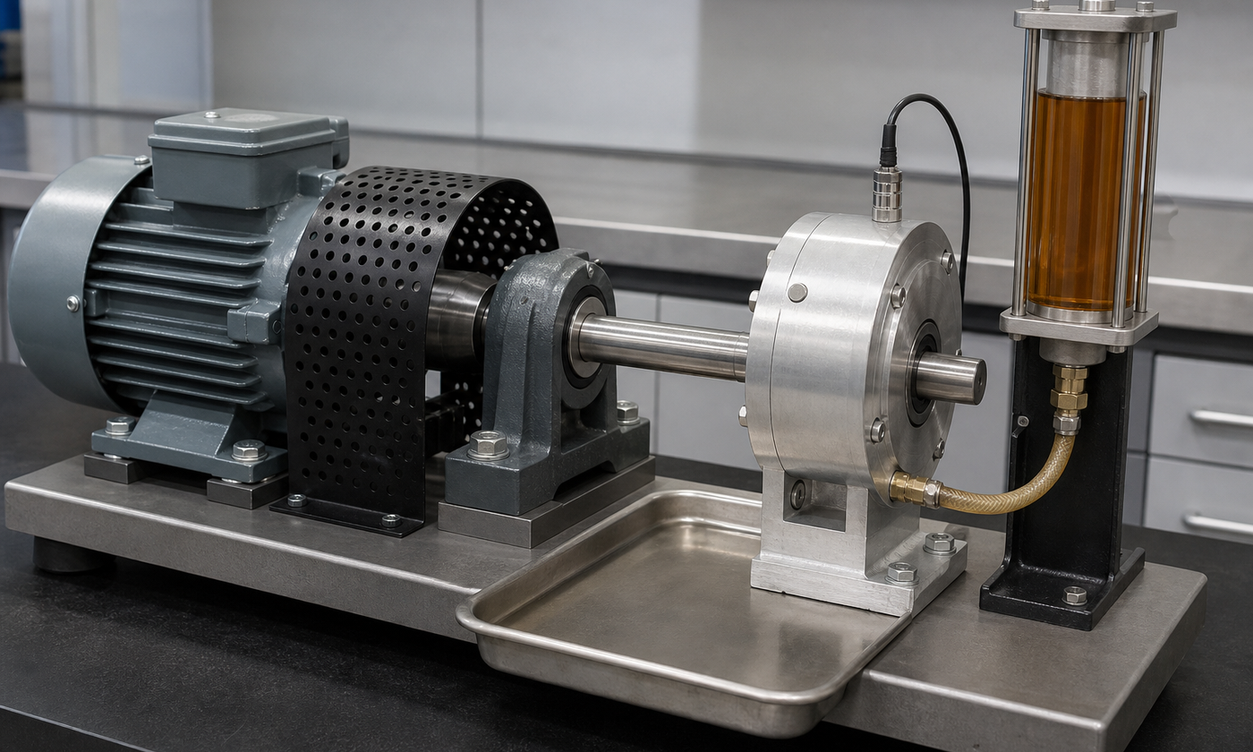 Realistic radial lip seal test rig with an electric motor, guarded coupling, straight shaft, aluminum oil chamber, temperature probe, side-connected amber oil reservoir, and drip tray