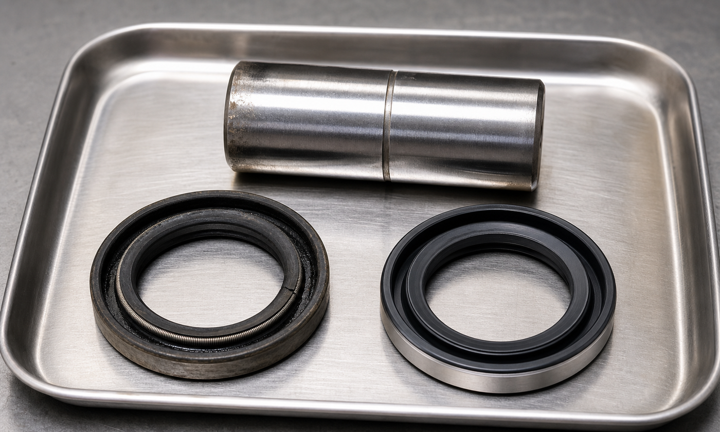 Inspection tray with a worn radial shaft seal and exposed garter spring, a matching new seal, and a steel shaft sample with a narrow circumferential wear groove