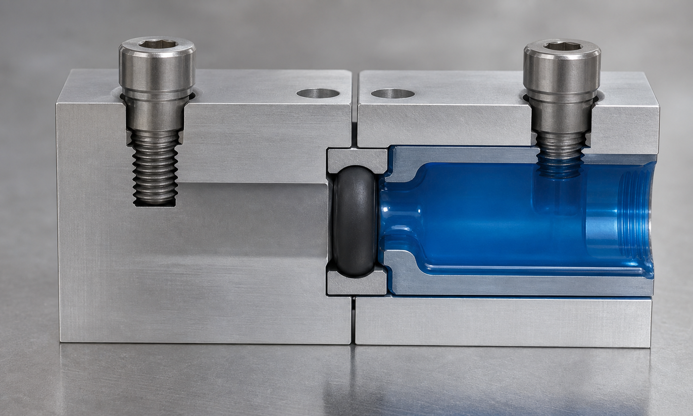 Realistic cutaway of a black O-ring compressed in a precision-machined rectangular groove between two aluminum blocks, with blue hydraulic fluid on the pressure side