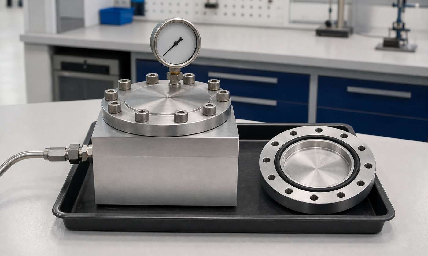 Realistic benchtop hydraulic pressure test fixture with a bolted circular aluminum cover, visible black O-ring groove in a nearby opened sample, stainless tubing, pressure gauge, and drip tray