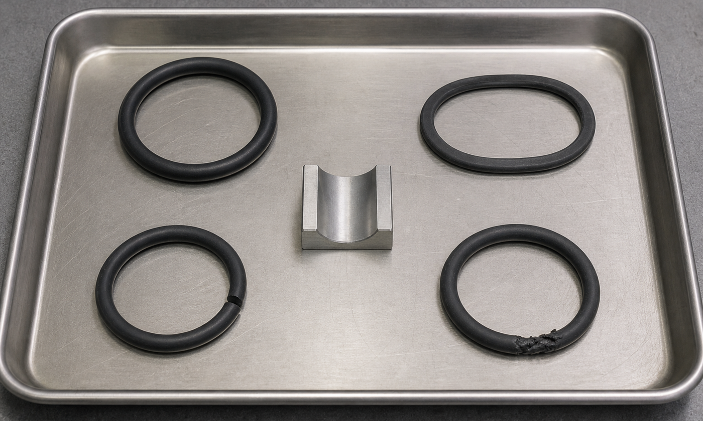 Realistic inspection tray containing a new black O-ring and separate used O-rings showing compression set, a clean installation cut, and ragged extrusion damage, beside a machined groove sample