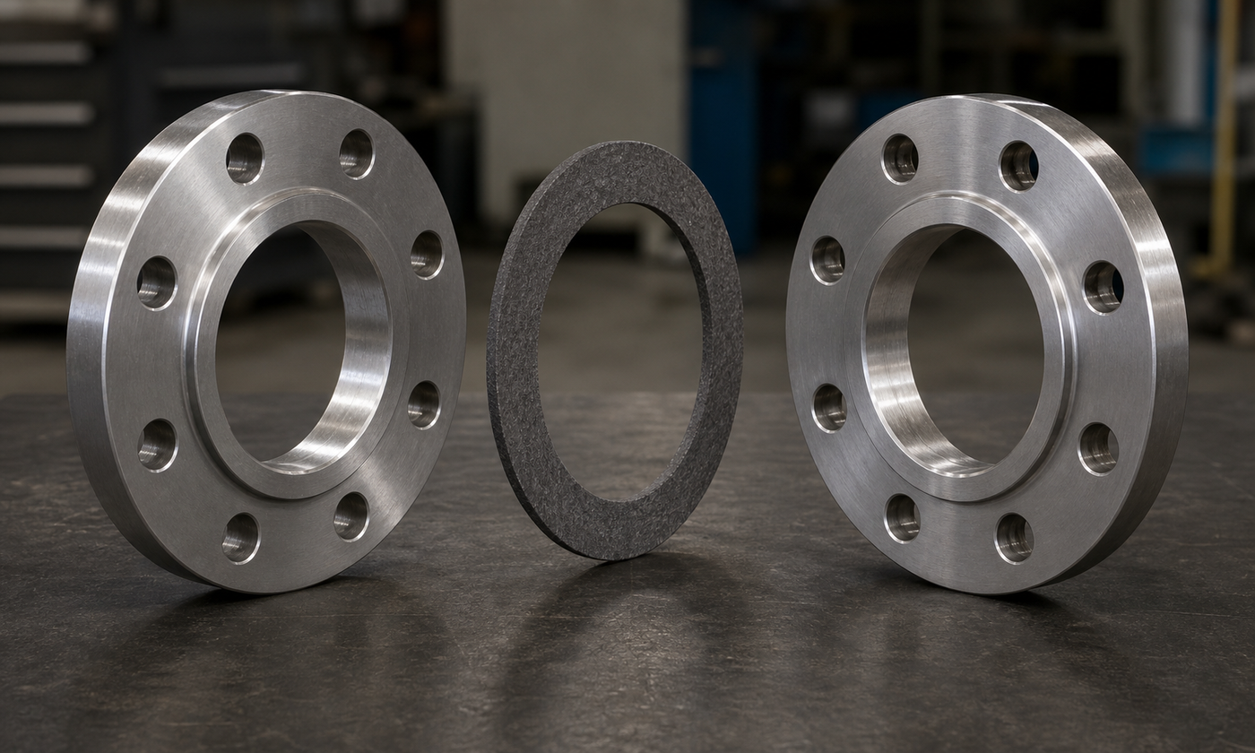 Realistic workshop view of two matching eight-hole raised-face steel flanges with one thin dark fiber gasket centered between their sealing faces