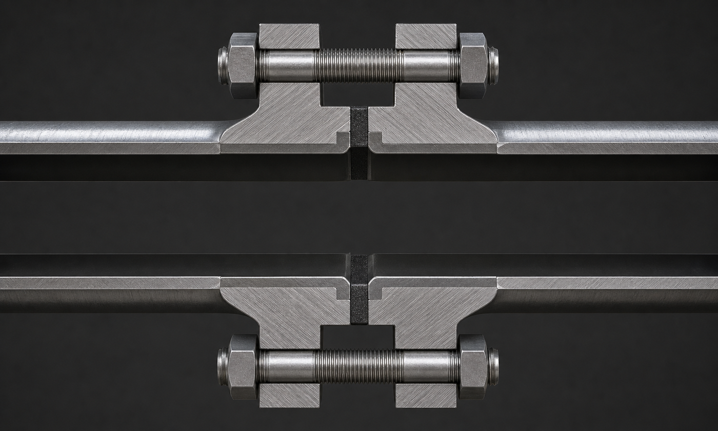 Realistic symmetric axial cutaway of two hollow steel pipes joined by raised-face flanges, with a thin graphite gasket compressed outside the open bore and two sectioned studs clamping the joint
