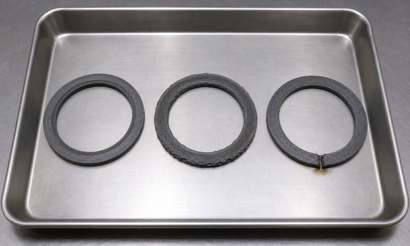 Realistic inspection tray with three graphite-fiber ring gaskets: one evenly compressed, one with restrained edge crushing from over-compression, and one with a single localized blowout channel