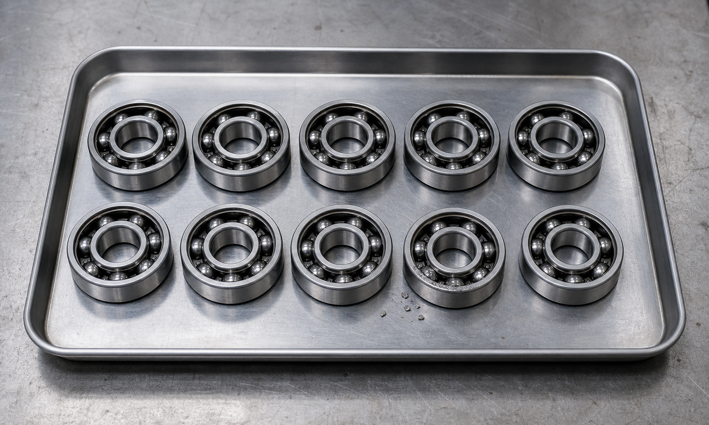 Inspection tray holding ten similar ball bearings, with one visibly damaged unit representing the early fatigue failures allowed inside L10 life