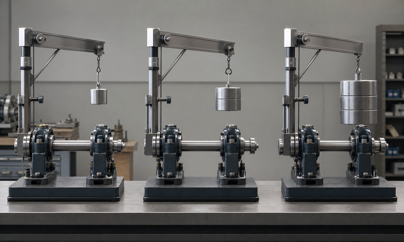 Three similar bearing test rigs under light, medium, and heavy suspended radial load